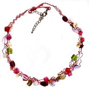 ARTIST MADE WRAPPED RED WIRE NECKLACE GLASS BEADS
